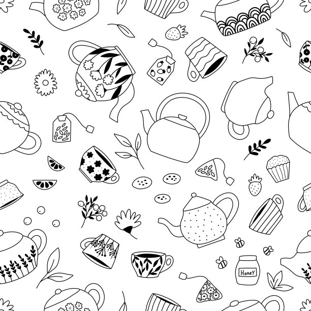 用茶壶，杯子，马克杯，树叶，花，浆果和糖果涂鸦无缝图案。图片下载