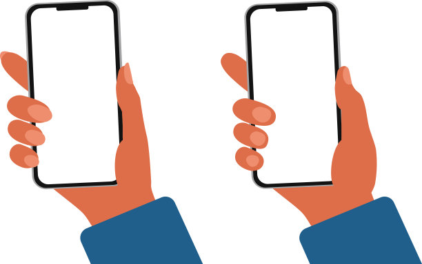 女性和男性的手都拿着白色屏幕的智能手机，用于不同的目的图片下载