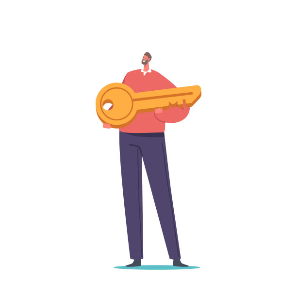 商人拿着孤立在白色背景上的金钥匙。男性角色摆姿势和微笑。成功之路图片下载