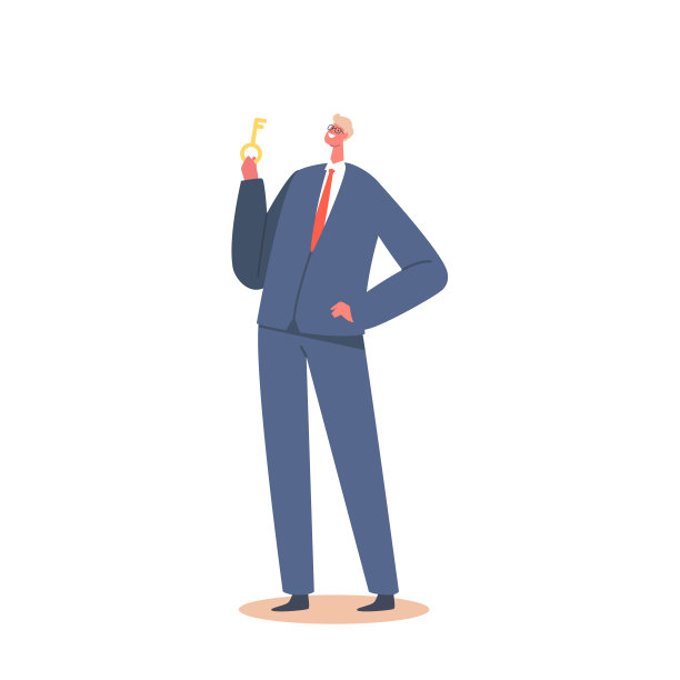 商人拿着孤立在白色背景上的金钥匙。男性角色穿正装与手臂叉腰图片下载