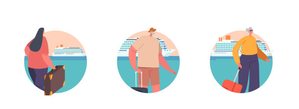 角色与行李等待邮轮在木制码头孤立的圆形图标或化身。字符的海洋之旅图片下载