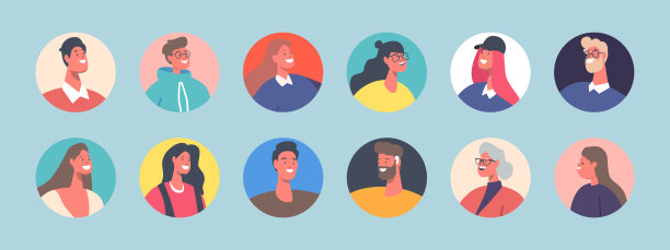 一套人的化身，不同年龄和外观的角色。小，年轻和年长的男人和女人肖像图片下载