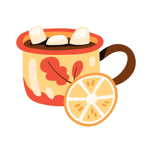 秋天的一杯可可，用棉花糖装饰着树叶和干橘子片图片下载