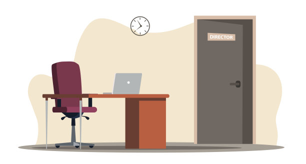 办公室室内设计，配有门、桌子、笔记本电脑显示器和舒适的椅子。工作区域，工作场所，现代家具背景。矢量图图片下载