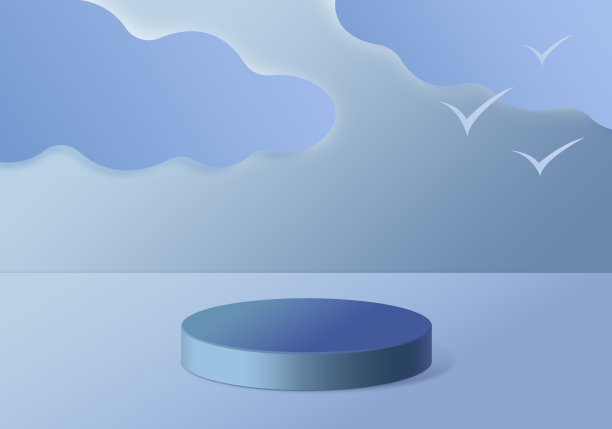 圆形讲台上的抽象风格的背景。天上的云和天上的鸟图片下载