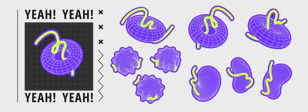一组三维线框几何形状。平面矢量插图与框架复古人物，赛博朋克元素，野兽主义形式。概念迷幻科技风格。图片下载