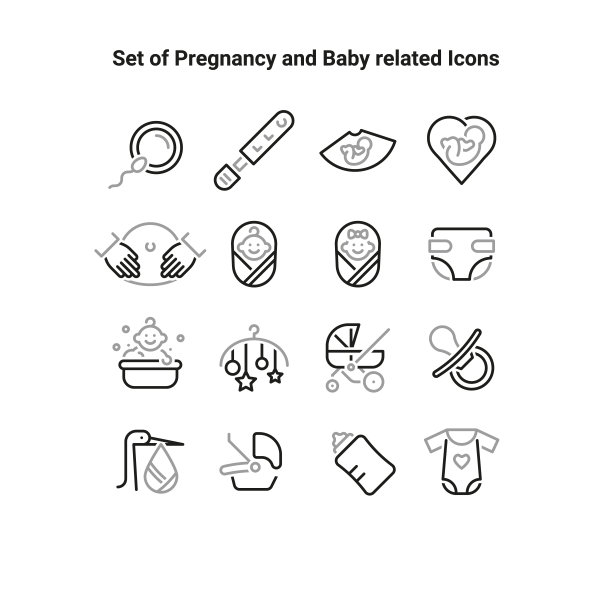 简单的一套关于怀孕和婴儿的轮廓图标。包含婴儿、健康、婴儿车、奶嘴等图标。矢量插图。图片下载