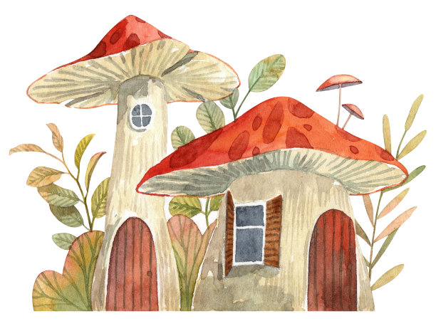 可爱的卡通蘑菇屋，小木门，背景是绿色植物。水彩手绘详细插图明信片和贺卡设计图片下载