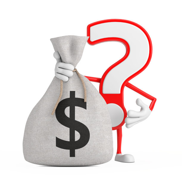 问号符号卡通人物人物吉祥物与捆绑质朴的帆布亚麻钱袋或钱袋与美元符号。3d渲染图片下载