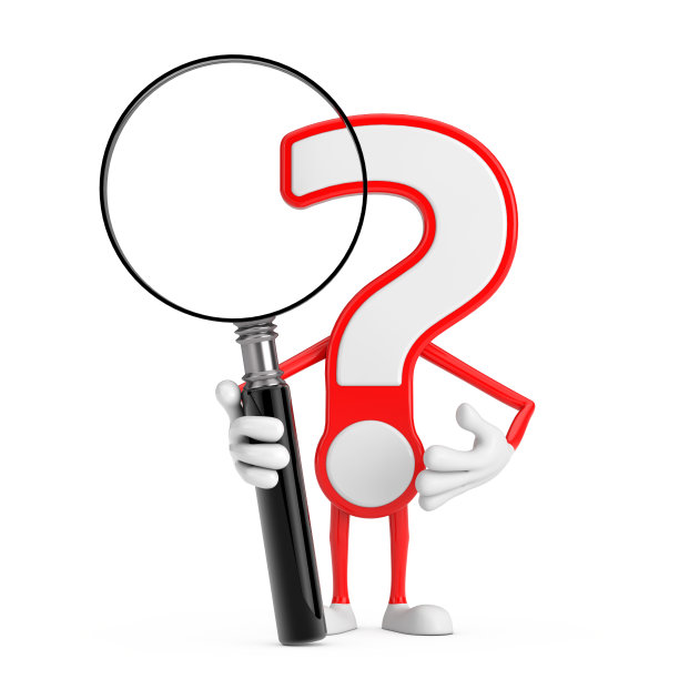 问号符号卡通人物吉祥物与放大镜。3d渲染图片下载