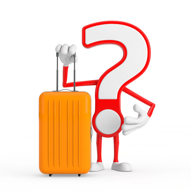 问号符号卡通人物吉祥物与橙色旅行箱。3d渲染图片下载