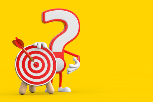 问号标志卡通人物吉祥物与射箭目标和镖在中心。3d渲染图片下载