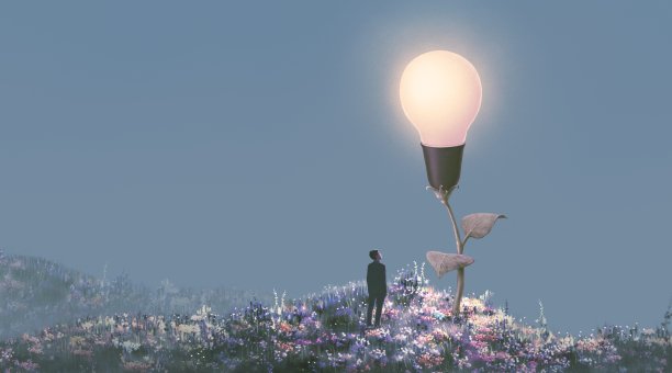 商人和一棵灯泡树。理念理念艺术的商业与成功。概念上的超现实的插图。图片下载