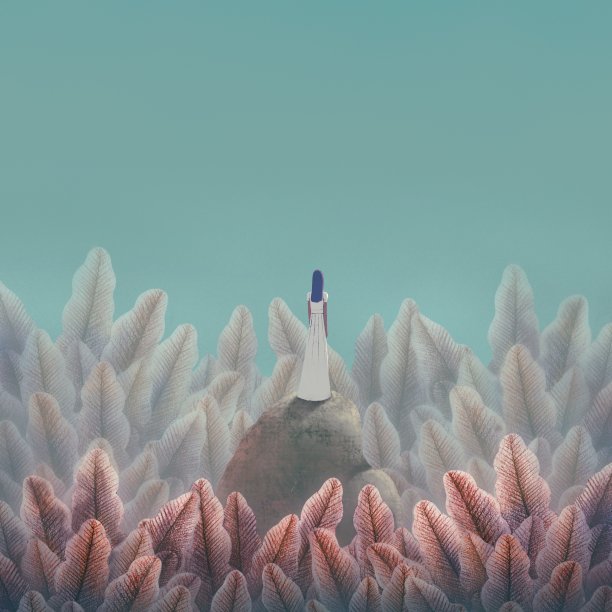 女人独自在超现实的性质。自由、神秘、孤独与孤独的概念、山水画艺术、3d插画、奇幻叶园。图片下载
