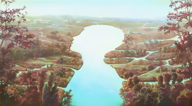 秋天的森林。河流和人的面孔。生命、自然、精神、希望、环境的概念艺术。概念艺术作品。超现实主义绘画。图片下载