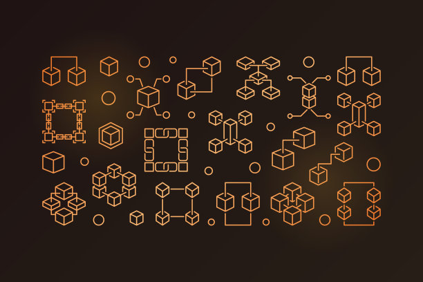 区块链矢量轮廓黄金水平插图图片下载