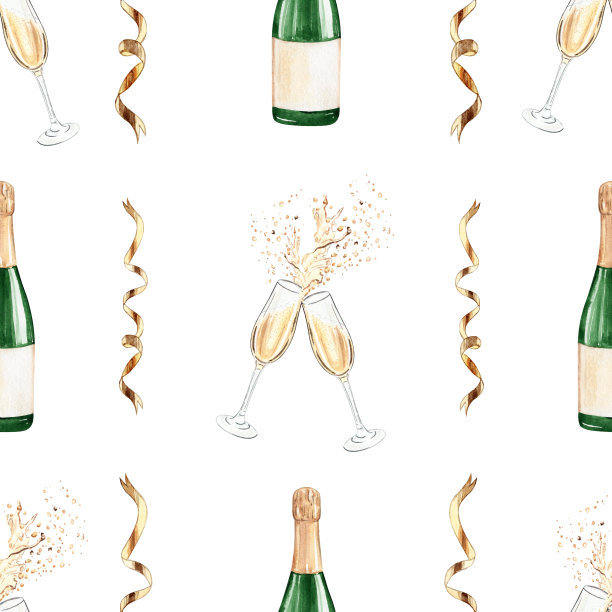 水彩香槟酒杯和瓶子无缝图案的白色背景。图片下载