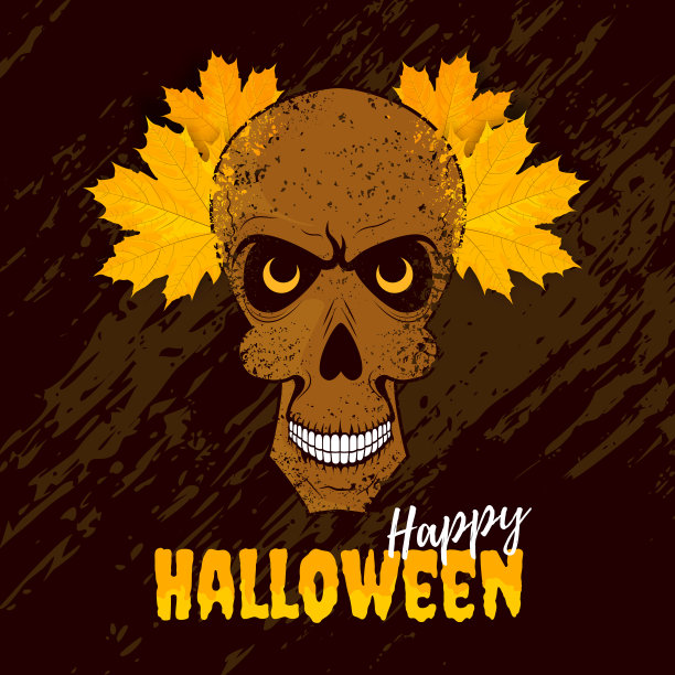 带有破旧骷髅头和枫木的万圣节卡片图片下载