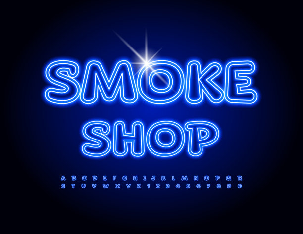 矢量商业标志烟店。蓝色霓虹灯Led字母和数字设置图片下载
