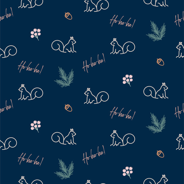 无缝圣诞图案与松鼠，浆果在蓝色背景，矢量复古风格图片下载