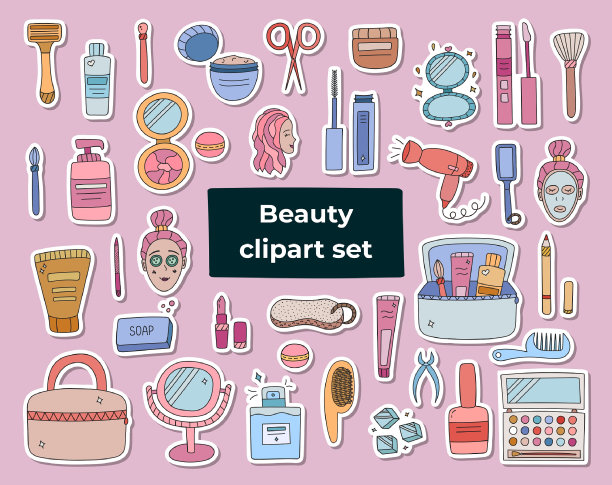 关于自然女性美，护肤规划师的大套贴纸。准备打印可爱贴纸清单。化妆品、配件、瓶子。手绘矢量孤立的插图集合。图片下载