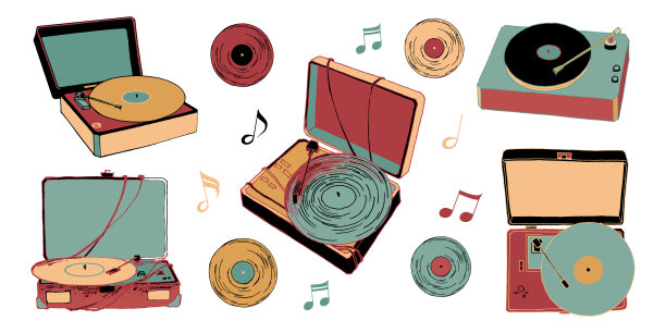 一套矢量留声机和乙烯基在复古风格。卡通图形风格从90年代。图片下载