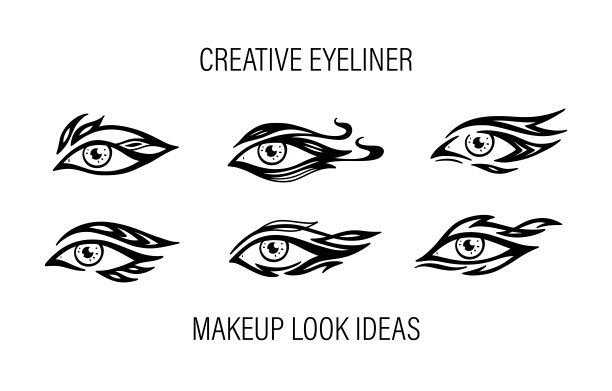 创造性的眼线。时尚的妆容创意。美丽女人的眼睛与各种类型的眼线。向量集。图片下载