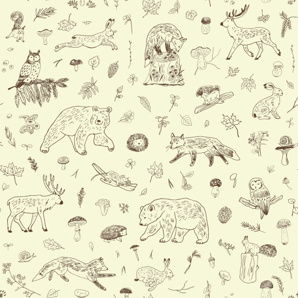 森林动物矢量无缝图案。图片下载