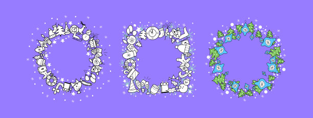 圣诞节框架上的紫色背景与文本的地方。一套新的一年图标图片下载