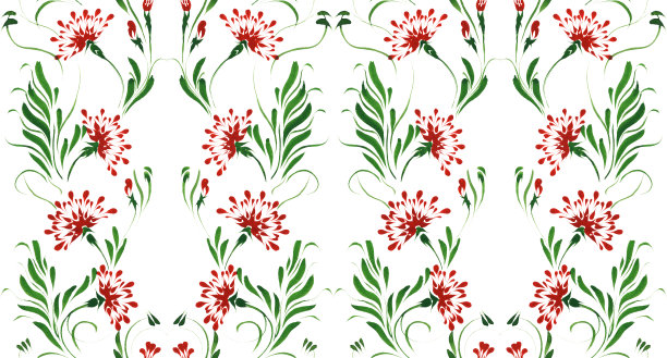 乌克兰民间绘画风格Petrykivka。花卉水彩无缝图案从红色莳萝花和绿色茴香叶在白色背景图片下载