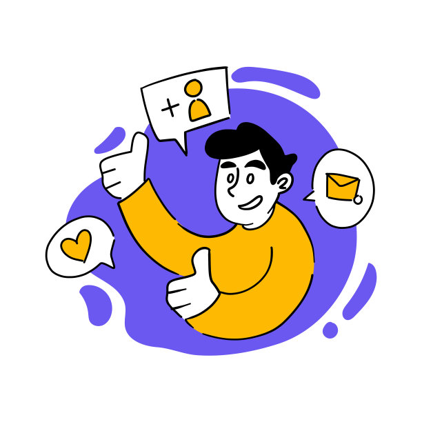 向量绘制社交媒体用户的插图。男人用app上的按钮，喜欢、心动、添加好友、新关注者、订阅、留言、聊天、发短信。通信的概念。平面绘图风格EPS10图片下载