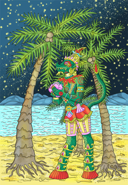 色彩缤纷的奇幻插图，泰国民族恶魔和神话生物对抗手掌在晚上图片下载