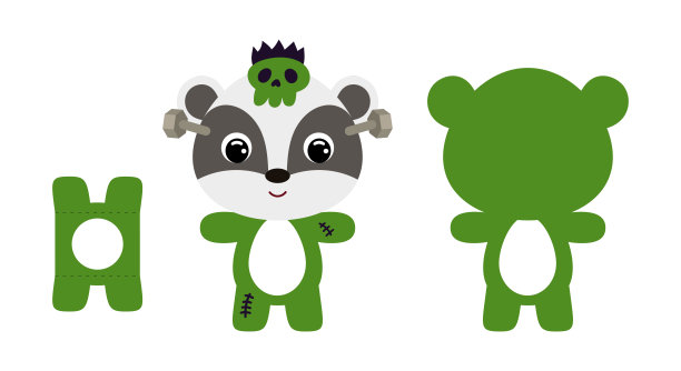 可爱的die cut万圣节獾巧克力蛋持有人模板。穿着怪物服装的卡通动物角色。复活节彩蛋的零售纸盒。可打印颜色方案。向量股票插图图片下载