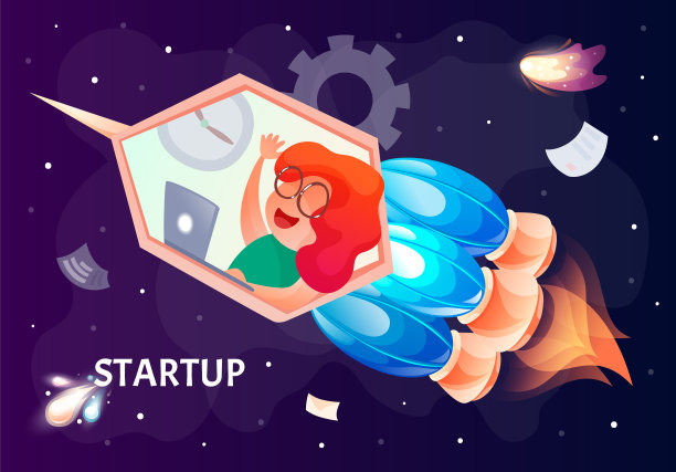 网络社交网络的创业概念。矢量插图的女人在火箭上飞行图片下载