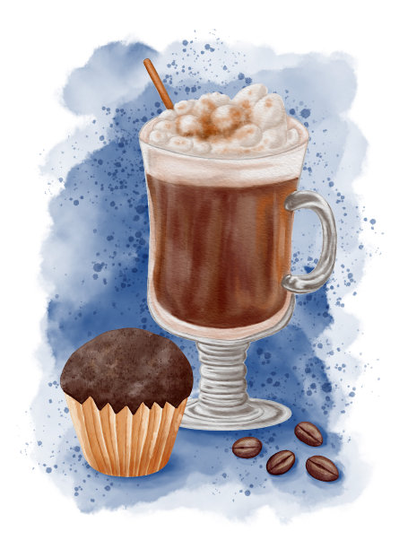 水彩画背景上的咖啡和纸杯蛋糕。设计明信片，卡片，名片。水彩风格的孤立插图。图片下载