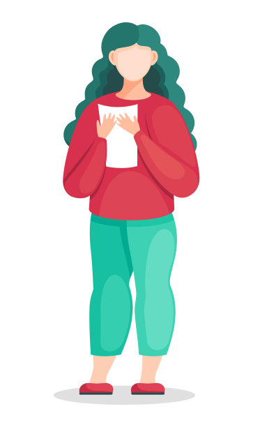 平面矢量插画的年轻女子在红色毛衣和绿色裤子与文件在手中图片下载