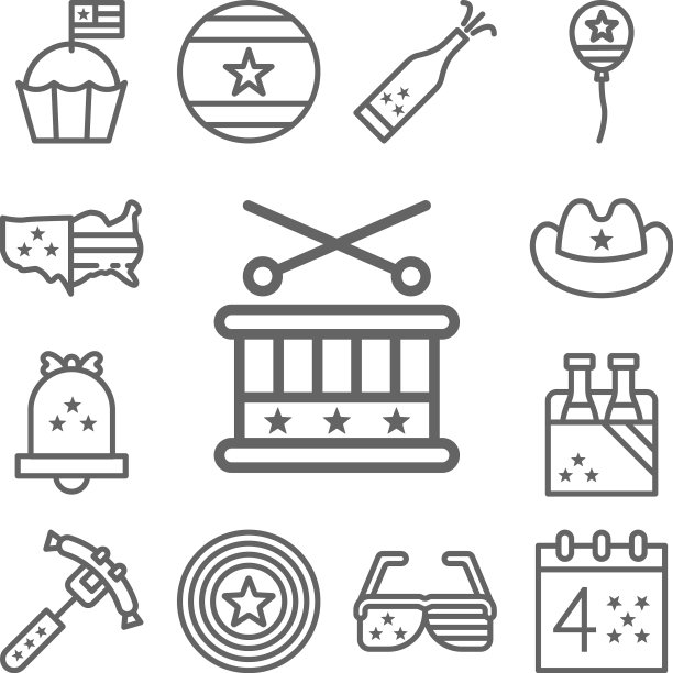 美国鼓图标与其他项目的集合图片下载