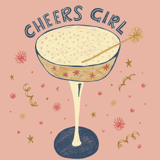 欢呼的女孩。酒的女孩。香槟女孩香槟酒杯敬酒。可爱的卡通普罗赛克玻璃派对元素。女孩派对庆祝。欢呼声插图。生日贺卡。新年的庆祝活动。图片下载