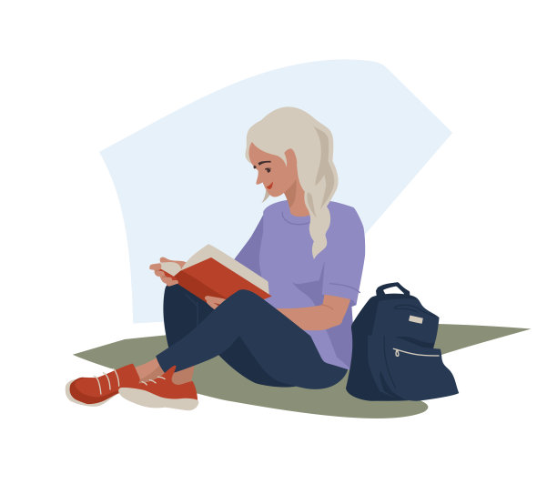 学生,青少年。一个女孩拿着一本书坐在草地上。放松。学生的生活。图片下载