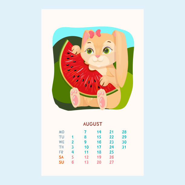2023年日历和可爱的兔子。兔子吃了一个多汁的西瓜。宠物。毛茸茸的朋友。卡通风格的八月日历。矢量插图。图片下载