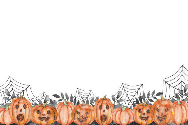 水彩插图手绘橙雕刻杰克灯南瓜，黑色的叶子，蜘蛛蜘蛛网。秋天的节日万圣节。框架模板图片下载