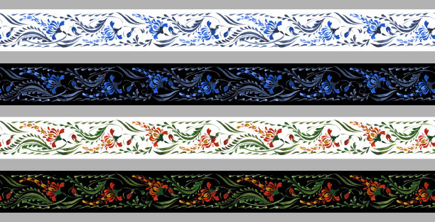 乌克兰民间绘画风格Petrykivka。套花水彩无缝的边界图案羽扇花和叶子。民族设计图片下载