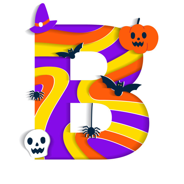 快乐万圣节B字母表党字体排版字符卡通幽灵恐怖彩色3D层纸剪纸类型设计庆祝矢量插图骷髅南瓜蝙蝠女巫帽子蜘蛛网图片下载