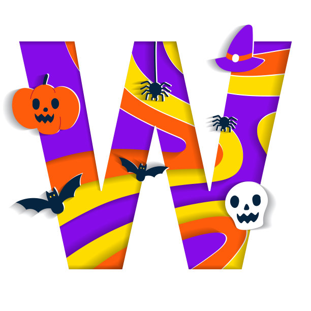 万圣节快乐W字母派对字体排版字符卡通幽灵恐怖彩色3D层纸剪纸类型设计庆祝矢量插图骷髅南瓜蝙蝠女巫帽子蜘蛛网图片下载