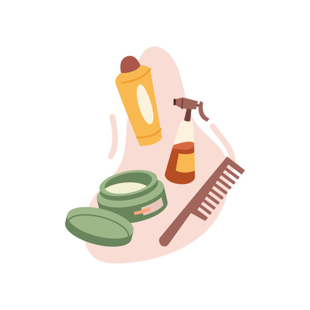 头发护理和护理产品。孤立的喷雾生长，霜或乳液和梳子刷牙。发型师项目的程序。平面样式的矢量图片下载