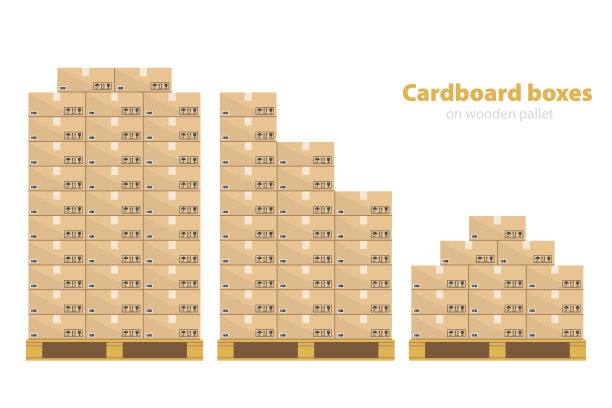木箱放在木托盘上。用于储存和货物的纸盒包裹，有象形图，条形码和文字贴纸。图片下载