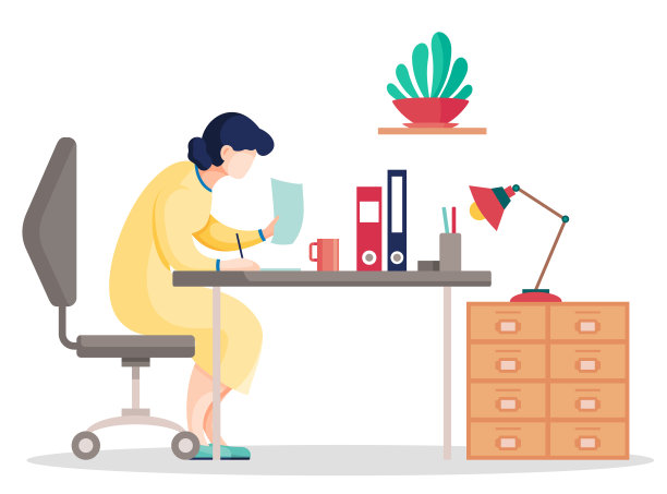 卡通女人在文件中搜索数据坐在办公室的桌子旁，平面矢量插图图片下载