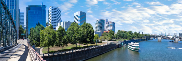 美国，哥伦比亚河和波特兰市中心及金融中心的全景图片下载