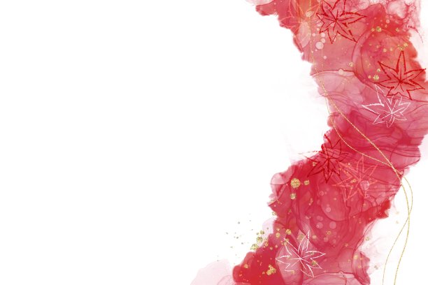 红色大理石纹酒精墨艺术，白色背景上有枫木和金色的飞溅。日式秋季植物图案模板。图片下载