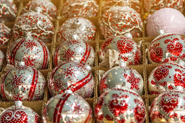 圣诞快乐，可爱的节日装饰收起来，美丽的新年玩具。圣诞市场的玻璃圣诞球。图片下载